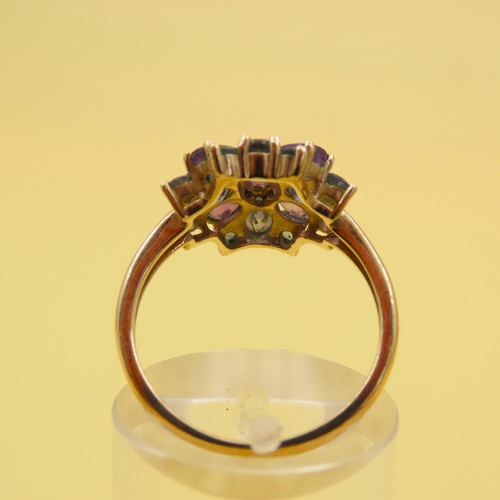 494 - Amethyst and Tourmaline Floral Design Cluster Ring Mounted on 9 Carat Yellow Gold Band Size M