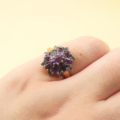 494 - Amethyst and Tourmaline Floral Design Cluster Ring Mounted on 9 Carat Yellow Gold Band Size M