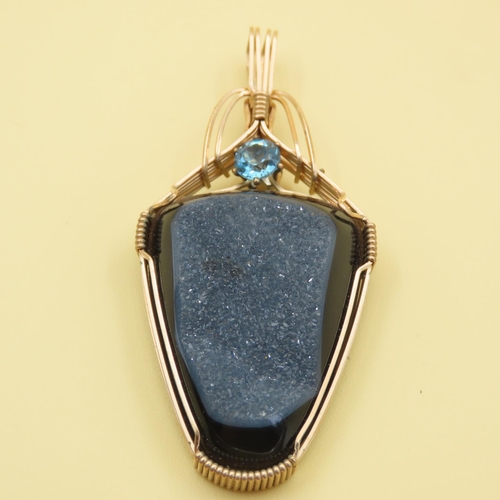 496 - Drusy Crystal and Blue Topaz Pendant Encased in 9 Carat Yellow Gold and 6cm High