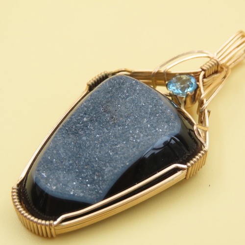 496 - Drusy Crystal and Blue Topaz Pendant Encased in 9 Carat Yellow Gold and 6cm High