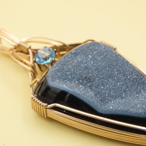 496 - Drusy Crystal and Blue Topaz Pendant Encased in 9 Carat Yellow Gold and 6cm High