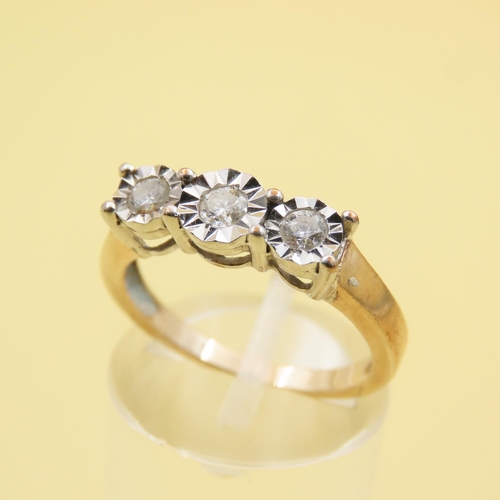 497 - Three Stone Set Diamond Ring Mounted on 9 Carat Yellow Gold Band Size N