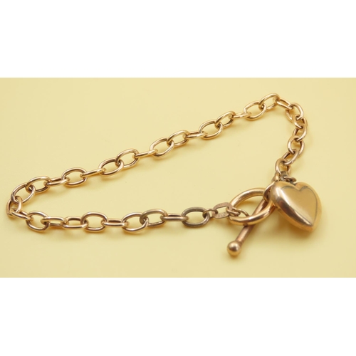 501 - 9 Carat Yellow Gold Cable Link Bracelet with Heart Motif Charm 17cm Long