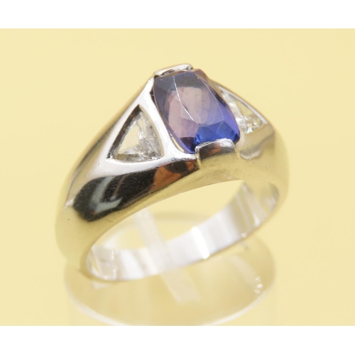 517 - Tanzanite Center Stone Ring with Further Diamonds Set to Shoulders Mounted on 18 Carat White Gold Ba... 