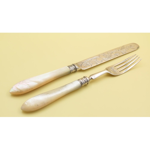 525 - Silver Engraved Travelling Coach Knife and Fork Set Polished Mother of Pearl Handles  20cm and 17cm ... 