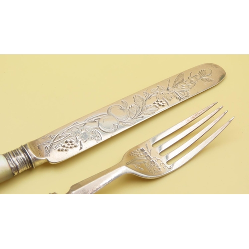 525 - Silver Engraved Travelling Coach Knife and Fork Set Polished Mother of Pearl Handles  20cm and 17cm ... 