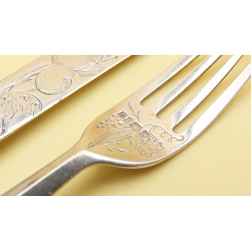 525 - Silver Engraved Travelling Coach Knife and Fork Set Polished Mother of Pearl Handles  20cm and 17cm ... 