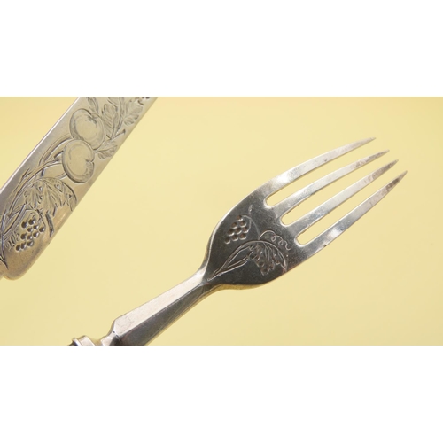 525 - Silver Engraved Travelling Coach Knife and Fork Set Polished Mother of Pearl Handles  20cm and 17cm ... 