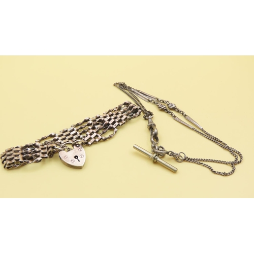 529 - Gate Link Heart Clasp Silver Bracelet and T-Bar Silver Bracelet