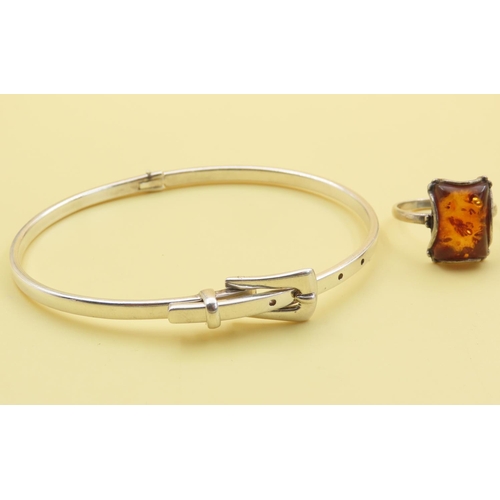 533 - Silver Buckle Design Bracelet and Amber Set Silver Ring Size P TWO Pieces in Lot