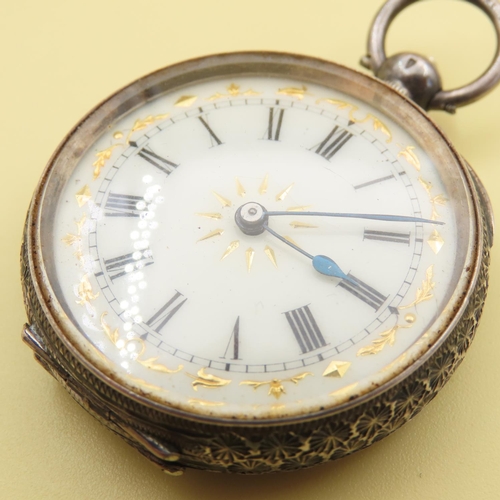 537 - Silver Cased Pocket Watch Roman Numerical Decorated Dial