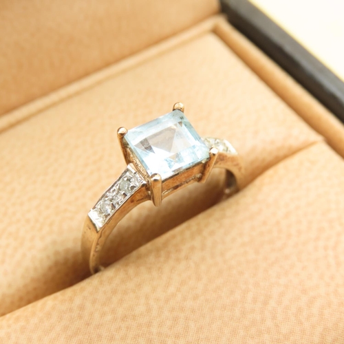 538 - Princess Cut Aquamarine and Diamond Ring Mounted on 9 Carat Yellow Gold Band Size M