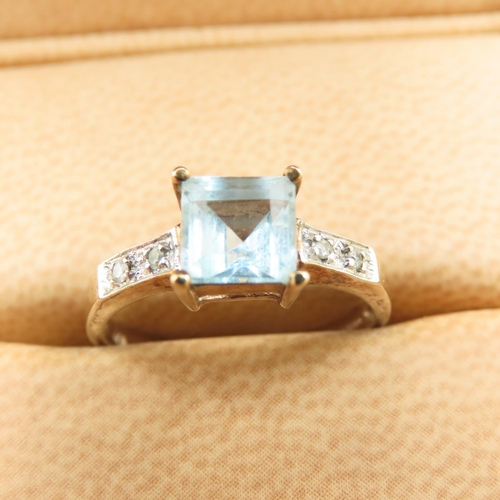 538 - Princess Cut Aquamarine and Diamond Ring Mounted on 9 Carat Yellow Gold Band Size M