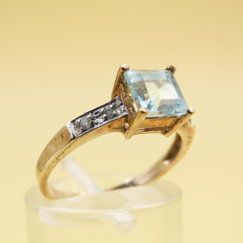 538 - Princess Cut Aquamarine and Diamond Ring Mounted on 9 Carat Yellow Gold Band Size M