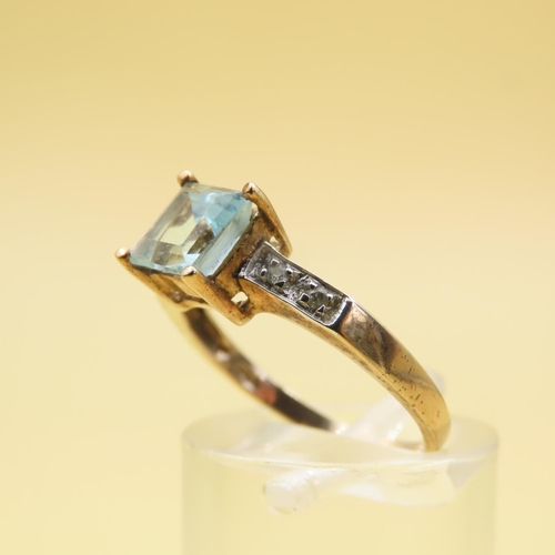 538 - Princess Cut Aquamarine and Diamond Ring Mounted on 9 Carat Yellow Gold Band Size M