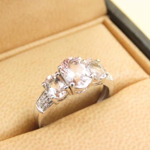 540 - Three Stone Morganite Set Ring Mounted on 9 Carat White Gold with Further Diamonds Set to Shoulders ... 