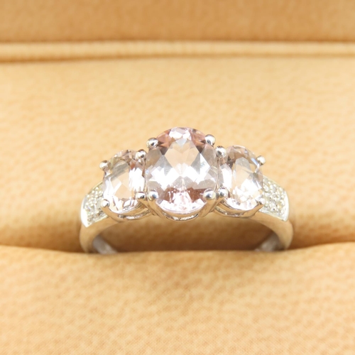 540 - Three Stone Morganite Set Ring Mounted on 9 Carat White Gold with Further Diamonds Set to Shoulders ... 