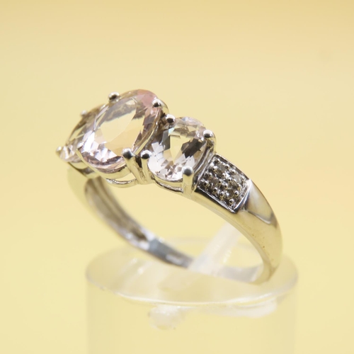 540 - Three Stone Morganite Set Ring Mounted on 9 Carat White Gold with Further Diamonds Set to Shoulders ... 