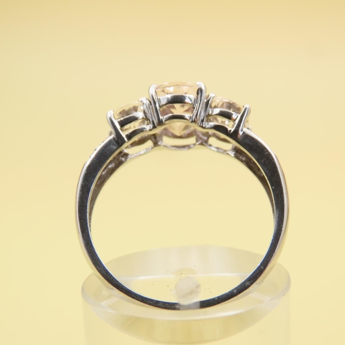 540 - Three Stone Morganite Set Ring Mounted on 9 Carat White Gold with Further Diamonds Set to Shoulders ... 