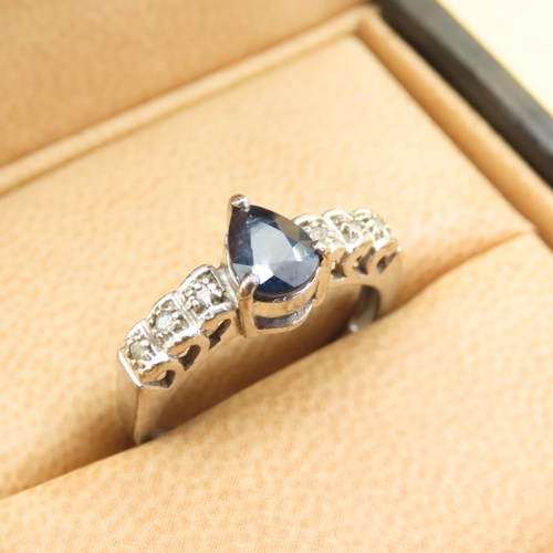 541 - Sapphire Center Stone Ring Mounted on 9 Carat White Gold Further Diamond Set to Shoulders Band Size ... 