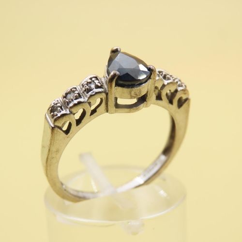 541 - Sapphire Center Stone Ring Mounted on 9 Carat White Gold Further Diamond Set to Shoulders Band Size ... 