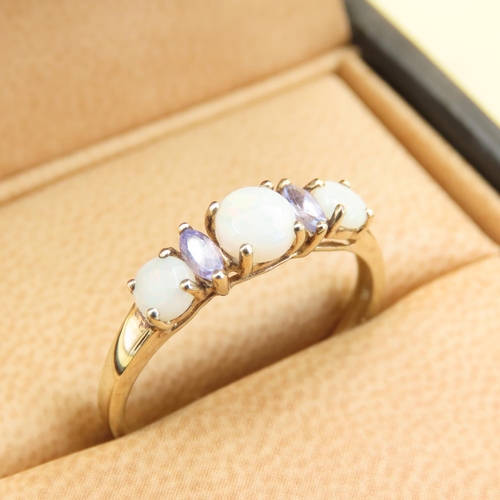 Opal and Amethyst Set Ladies Ring Mounted on 9 Carat Yellow Gold Band Size T