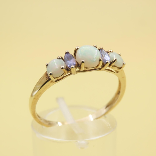 546 - Opal and Amethyst Set Ladies Ring Mounted on 9 Carat Yellow Gold Band Size T