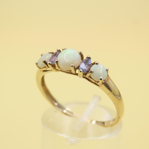 546 - Opal and Amethyst Set Ladies Ring Mounted on 9 Carat Yellow Gold Band Size T