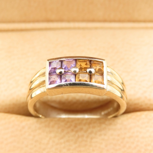 548 - Eight Stone Amethyst and Citrine Split Design Ring Mounted on 9 Carat Yellow Gold Band Size P