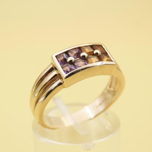 548 - Eight Stone Amethyst and Citrine Split Design Ring Mounted on 9 Carat Yellow Gold Band Size P