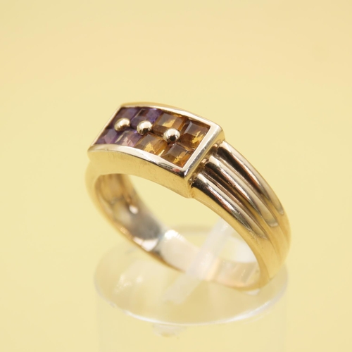 548 - Eight Stone Amethyst and Citrine Split Design Ring Mounted on 9 Carat Yellow Gold Band Size P