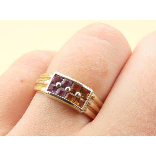 548 - Eight Stone Amethyst and Citrine Split Design Ring Mounted on 9 Carat Yellow Gold Band Size P