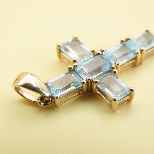 553 - Six Stone Aquamarine Cross Pendant Set in 9 Carat Yellow Gold 3cm Drop