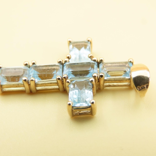 553 - Six Stone Aquamarine Cross Pendant Set in 9 Carat Yellow Gold 3cm Drop