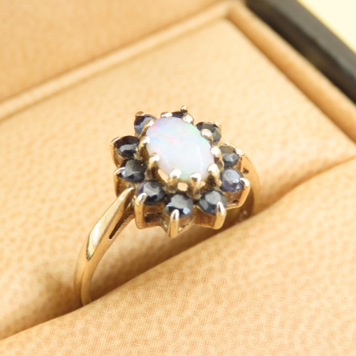 561 - Opal and Sapphire Ladies Cluster Ring Mounted on 9 Carat Yellow Gold Band Size N and a Half