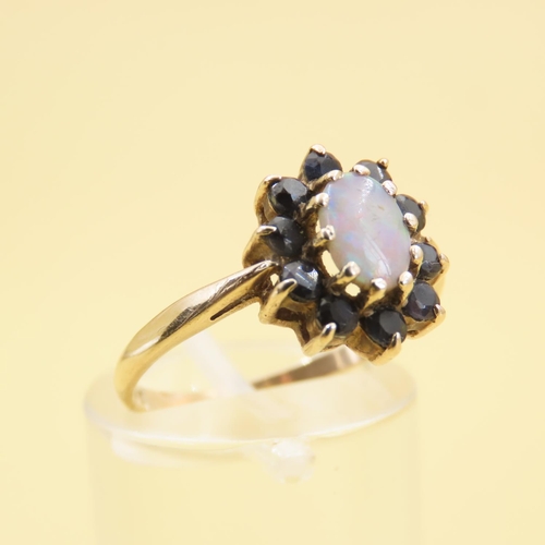 561 - Opal and Sapphire Ladies Cluster Ring Mounted on 9 Carat Yellow Gold Band Size N and a Half