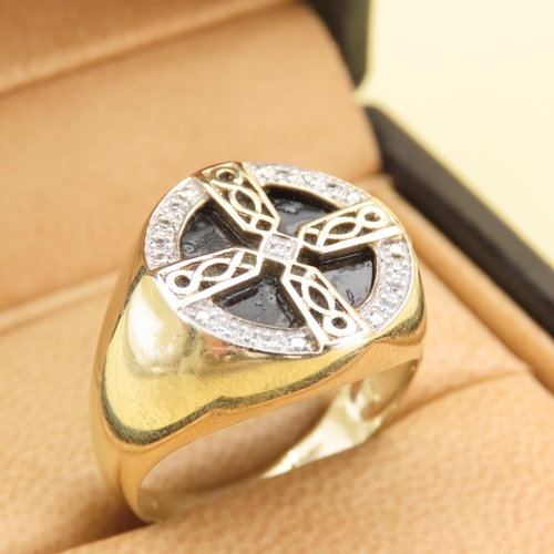 563 - Onyx and Diamond Set Celtic Cross Motif Ring Mounted on 9 Carat Yellow Gold Band Size U