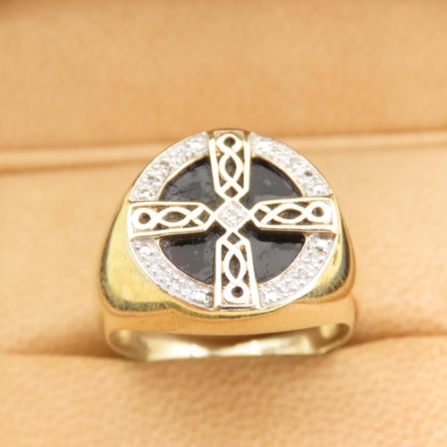 563 - Onyx and Diamond Set Celtic Cross Motif Ring Mounted on 9 Carat Yellow Gold Band Size U