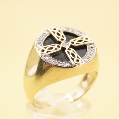 563 - Onyx and Diamond Set Celtic Cross Motif Ring Mounted on 9 Carat Yellow Gold Band Size U