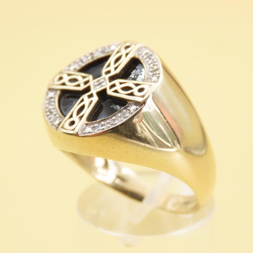 563 - Onyx and Diamond Set Celtic Cross Motif Ring Mounted on 9 Carat Yellow Gold Band Size U