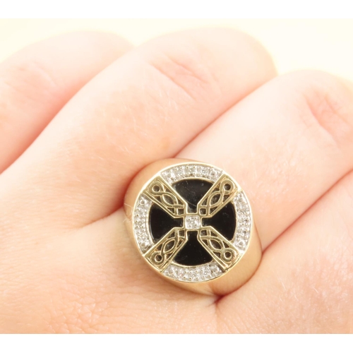 563 - Onyx and Diamond Set Celtic Cross Motif Ring Mounted on 9 Carat Yellow Gold Band Size U