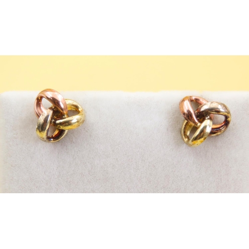 573 - Pair of 9 Carat Yellow White and Rose Gold Knot Design Earrings 1cm High