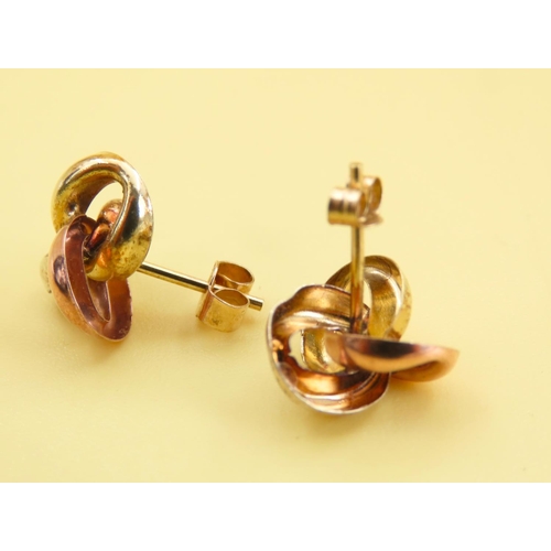 573 - Pair of 9 Carat Yellow White and Rose Gold Knot Design Earrings 1cm High