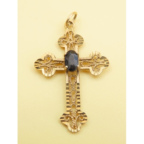 577 - Sapphire Set Cross Motif Pendant Mounted in 9 Carat Yellow Gold 3cm Drop