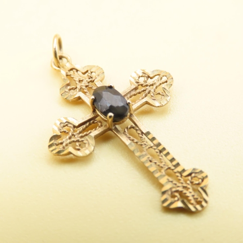 577 - Sapphire Set Cross Motif Pendant Mounted in 9 Carat Yellow Gold 3cm Drop