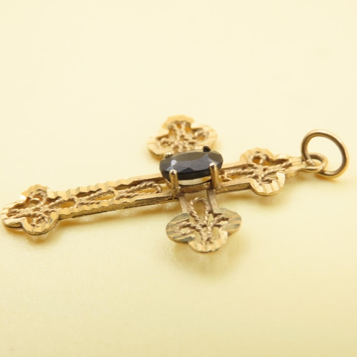 577 - Sapphire Set Cross Motif Pendant Mounted in 9 Carat Yellow Gold 3cm Drop