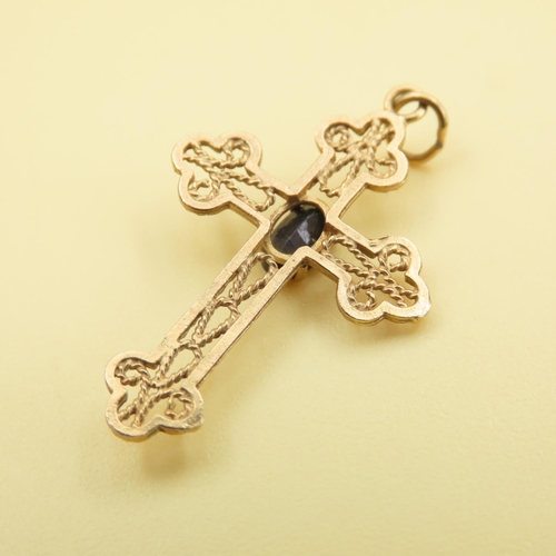 577 - Sapphire Set Cross Motif Pendant Mounted in 9 Carat Yellow Gold 3cm Drop