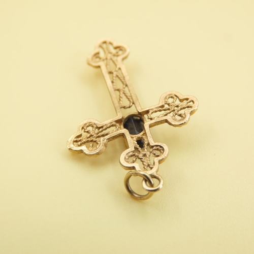 577 - Sapphire Set Cross Motif Pendant Mounted in 9 Carat Yellow Gold 3cm Drop