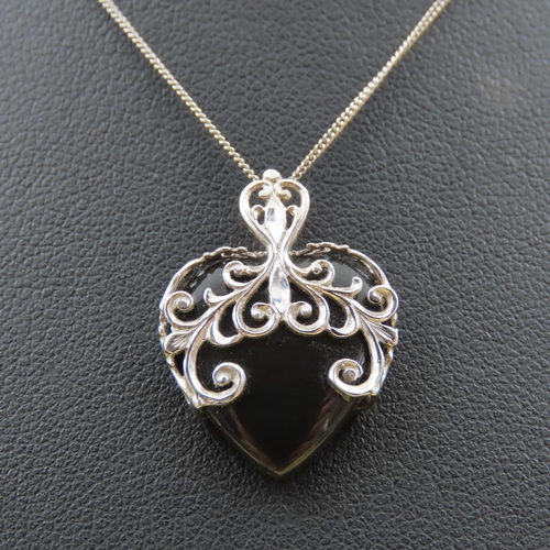 587 - Black Onyx Filigree Set Heart Motif Pendant Set in 10 Carat White Gold 2cm Drop Further Set on 18 Ca... 