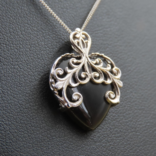 587 - Black Onyx Filigree Set Heart Motif Pendant Set in 10 Carat White Gold 2cm Drop Further Set on 18 Ca... 